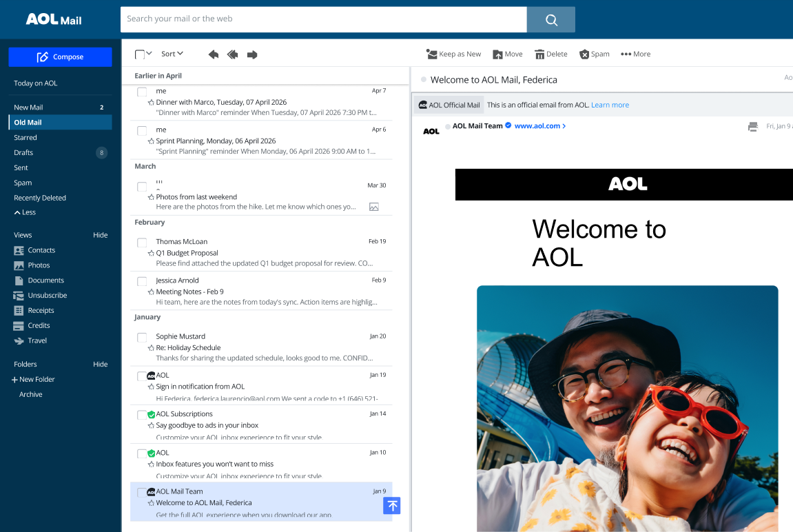 Screenshot of the AOL Mail inbox showing a list of messages with sender names, subjects, and timestamps